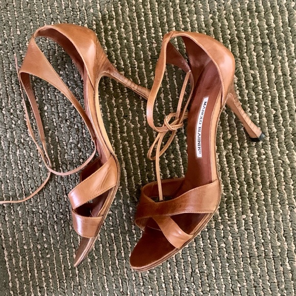 Manolo Blahnik Tan Leather Strappy, Heel Sandals - Picture 3 of 6